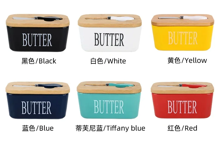 Wooden Cover Ceramic Butter Box Spatula Knife Sealed Fresh Butter Box Rectangular Kitchen Storage