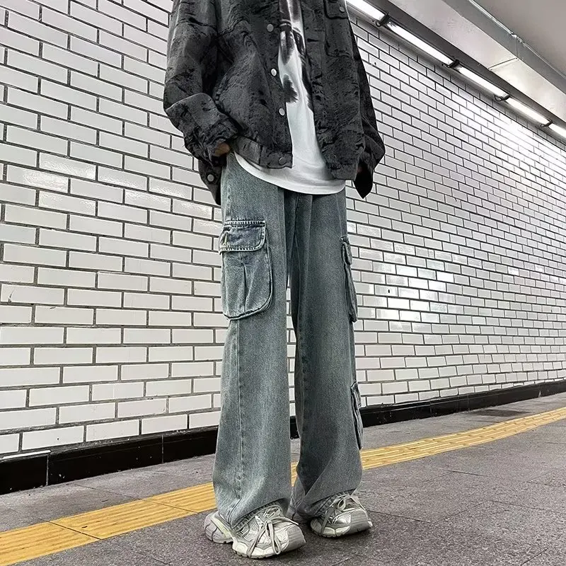 Autumn Men's Jeans High Street American Retro Full Length Straight Leg Hip Hop Loose Casual Streetwear for Male Y2k Denim Pants