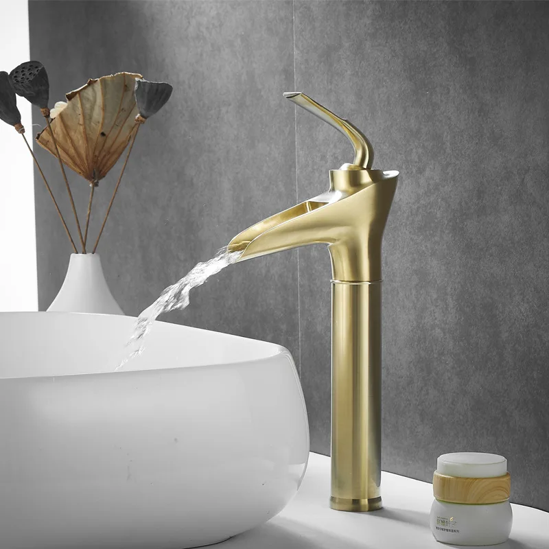 

YCRYAS Brass Waterfall Brushed Gold Black ORB Basin Faucet Desk Mounted Single Handle Hole Toilet Sink Tap Bathroom Accessories
