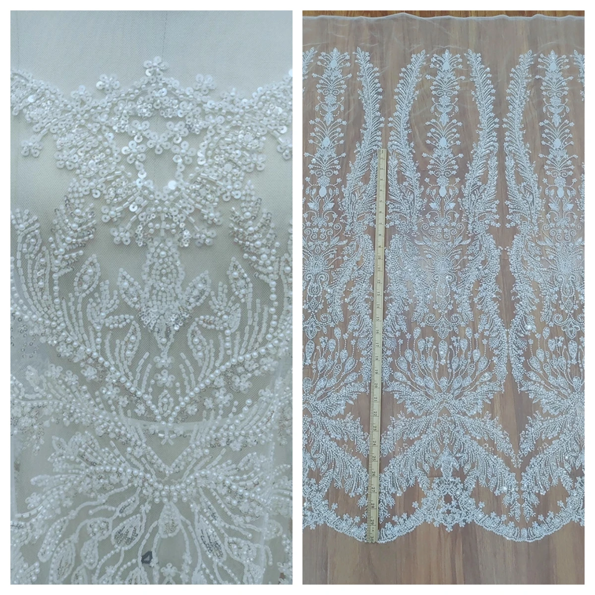 

1Yard Bridal Embroidery Fabric Lace Designs with Sequins Beaded Wedding Gown Fabric