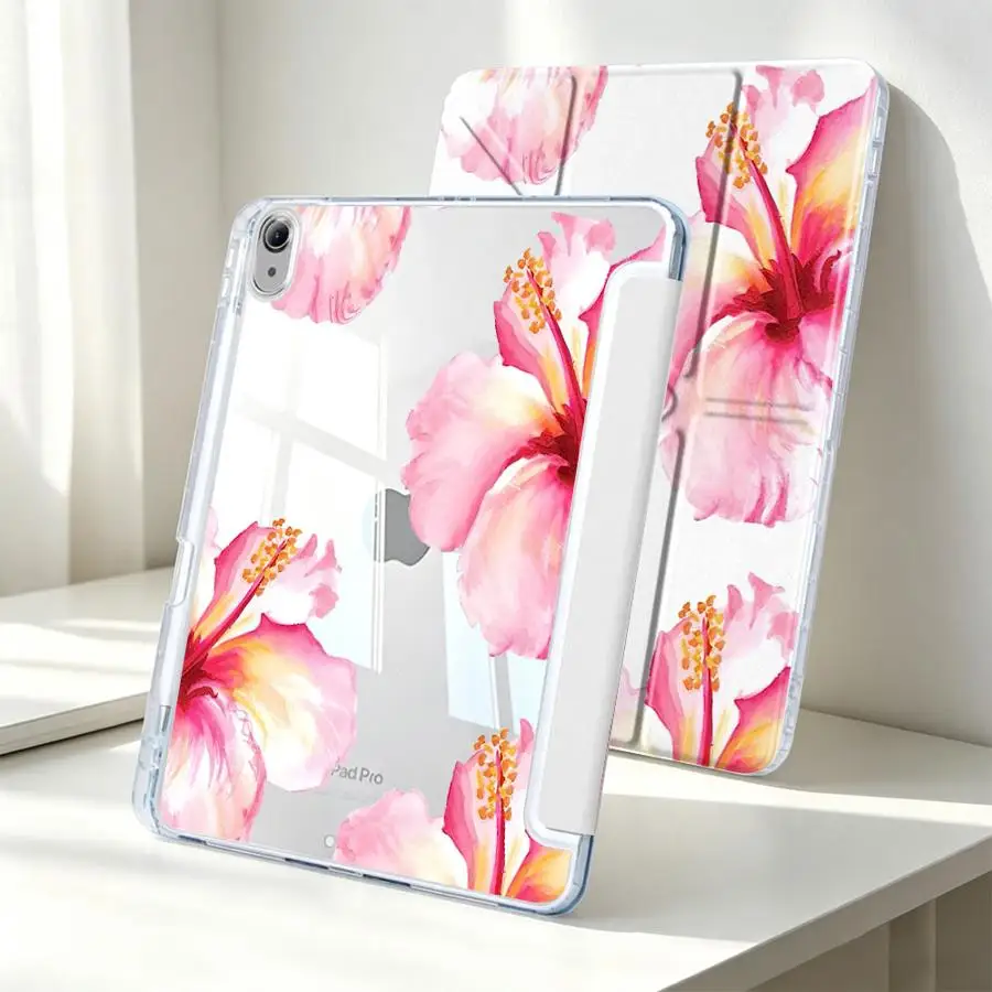 Creative Pink Floral Tablet Case with Pen Slot Cover
