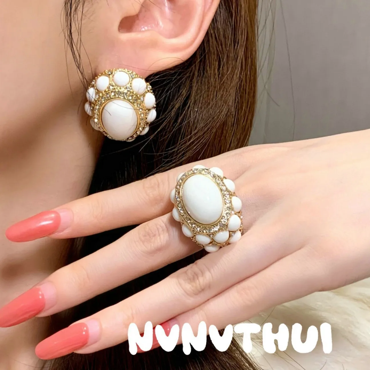 Women Flower Gemstone Earrings Vintage 18K Gold Plated Cream Rose Zirconia Ring 3
