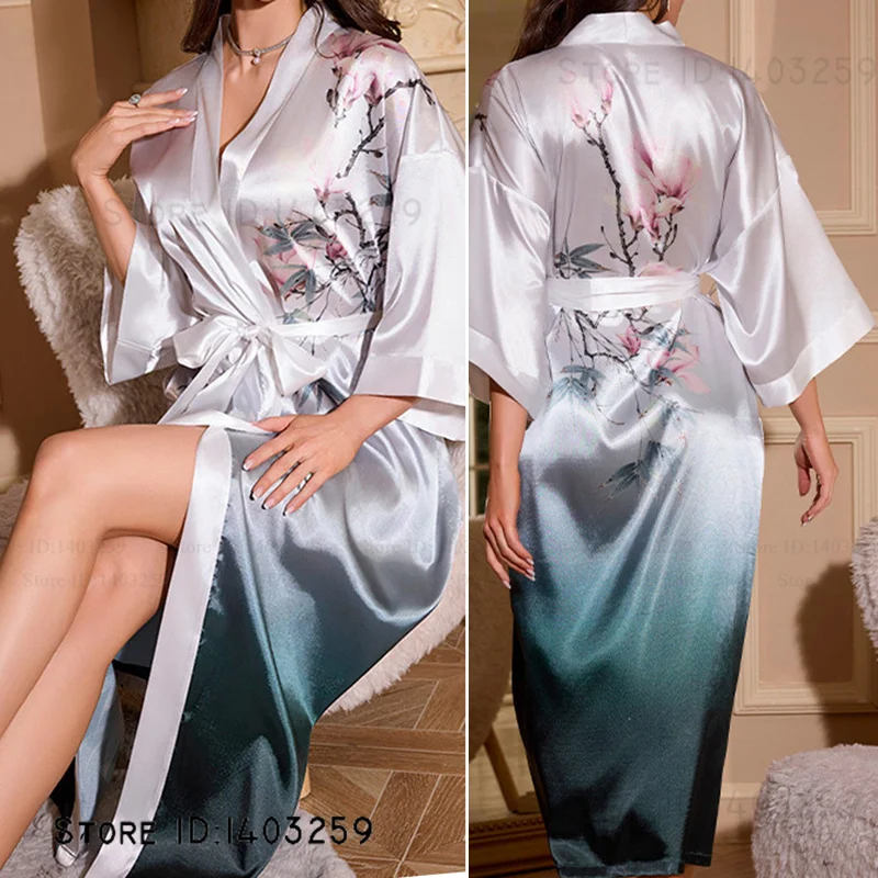 جديد النمط الصيني رداء طويل كيمونو البشكير ثوب المرأة  ملابس خاصة طباعة زهرة فستان المنزل ثوب النوم فضفاض