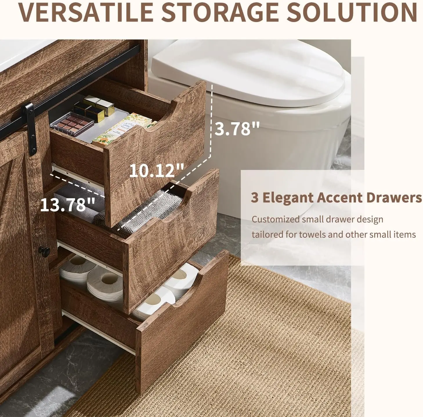 30" Farmhouse Bathroom Vanity with Sink,Modern Bathroom Cabinet w/3 Drawers , Floor Standing Bathroom Vanity , Light Brown 4