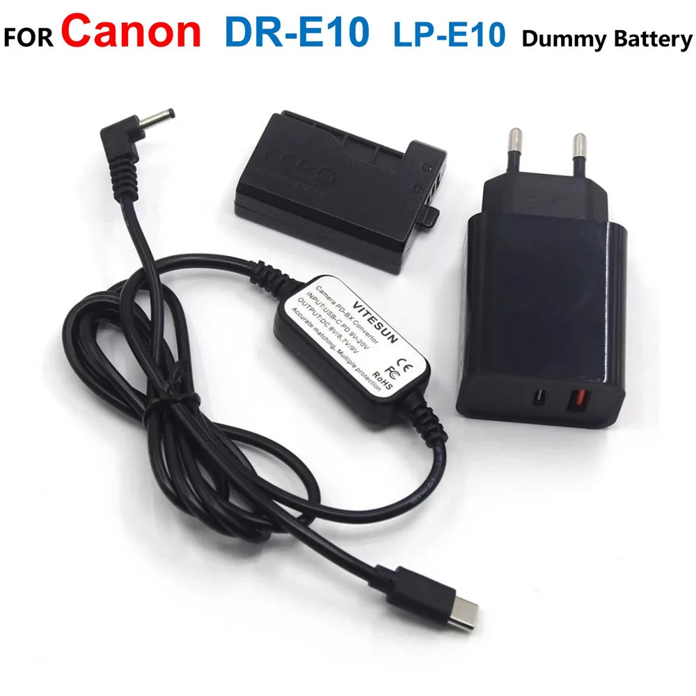 

DR-E10 LP-E10 Dummy Battery+USB C Power Bank Cable+Charger Adapter For Canon EOS 2000D 3000D 1500D X90 X80 X70 X50 T5 T6 T7