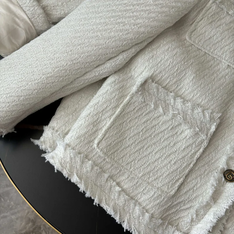 White Small Fragrant Quilted Coat Autumn Winter O Neck Tassel Casual Gray Black Long-sleeved Simple Basic French Women Jacket