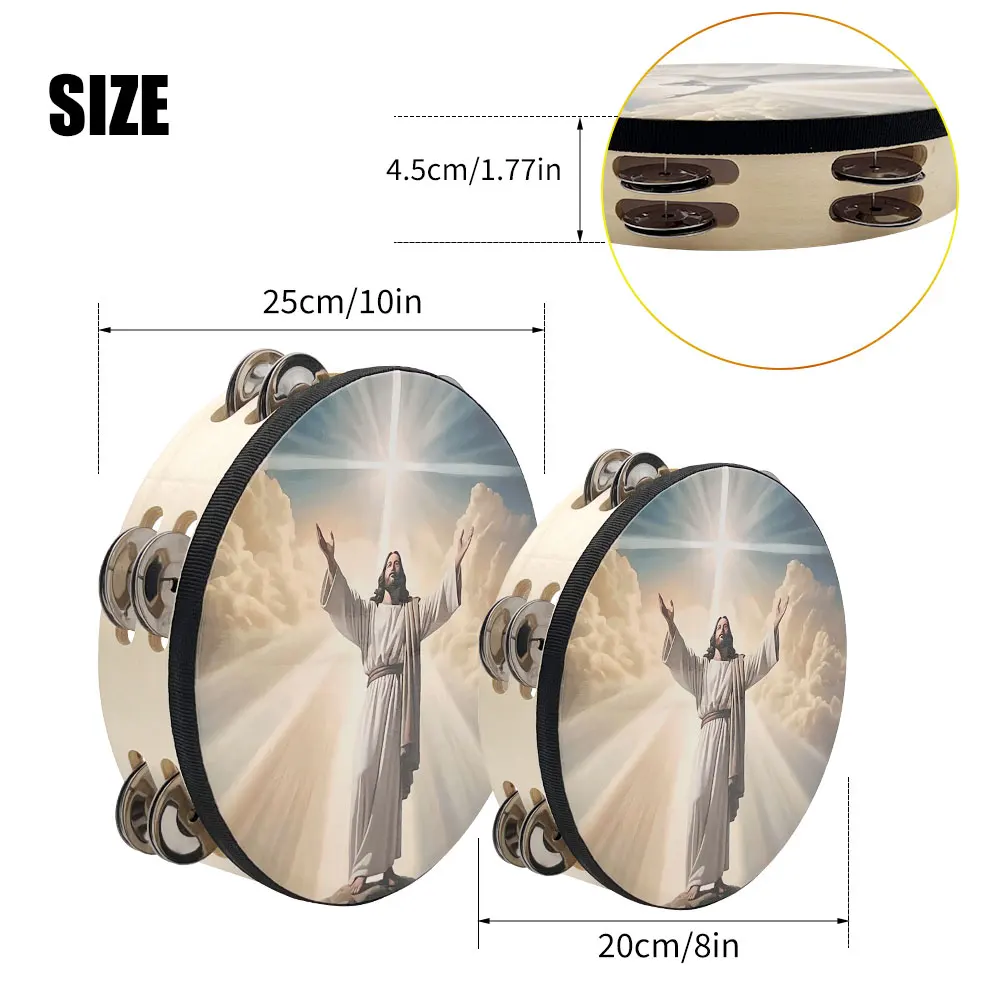 8/10 inch Jesus Tambourine Double Row Jingle Tambourine for Adults, Handbell Clap Drum for Party Musical Instrument