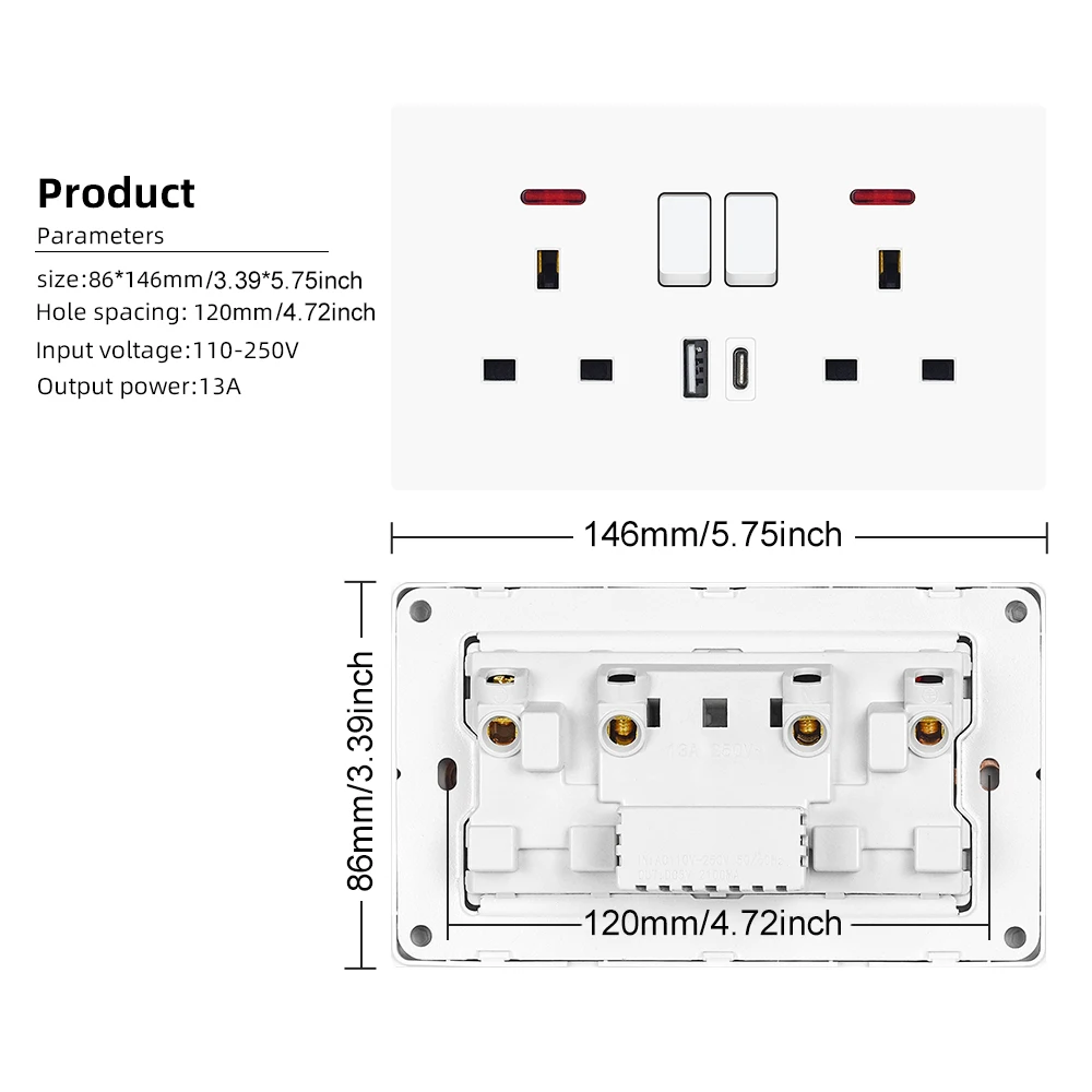 Description Picture 2 of itemStandard UK Socket with USB Type-C 5V 2.1A, 146*86mm Plastic Panel, Double Electrical Outlets with Switches UK Usb Plug