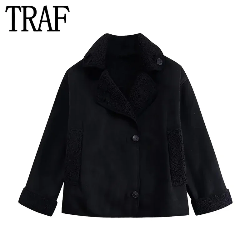 

TRAF 2024 Teddy Fleece Jacket Women Black Plush Oversize Jacket Woman Warm Winter Coat Woman Long Sleeve New In Outerwears