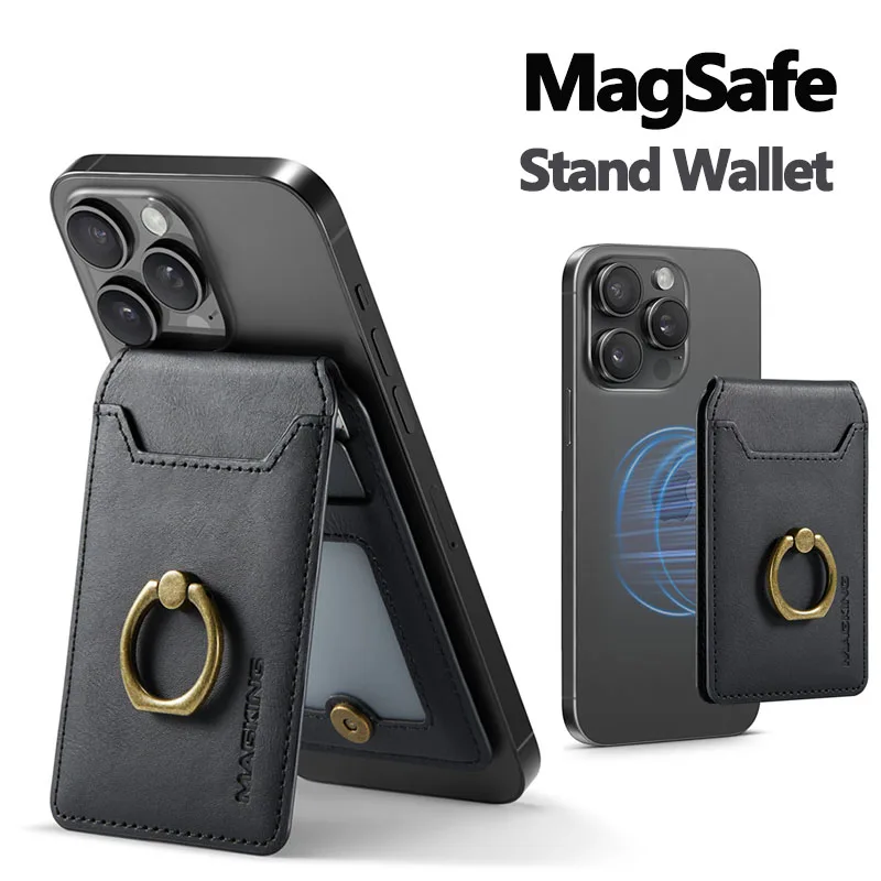 Luxury Leather MagSafe Card Holder with Finger Ring Grip and Kickstand Wallet