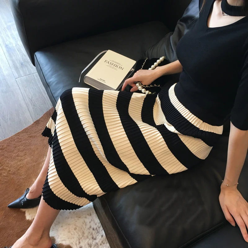 2022 Spring Autumn Fashion Elegant Striped Pleated Knitted Skirt for Women Office Lady High Waist Bodycon Street Midi Skirt Jupe