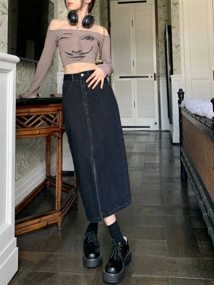 Skirts Women Denim Retro Washed Ulzzang High Waist Streetwear Vintage All-match Front-slit Design Chic Female Student Mid-calf
