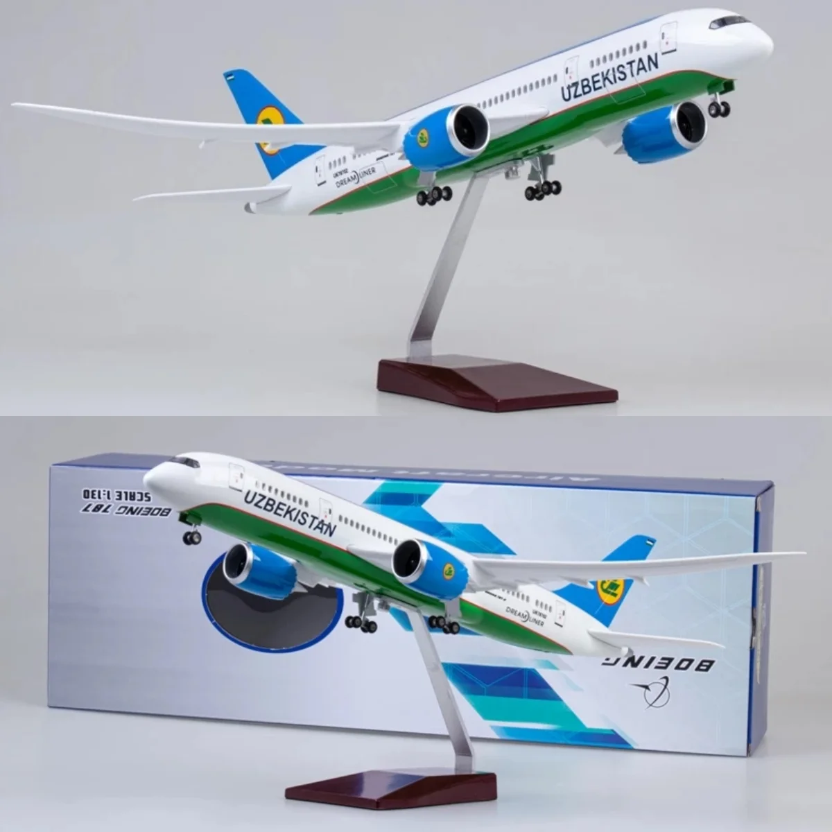 

1:130 Scale 43cm 787 Boeing Aircraft UZBEKISTAN Air B787 Airplane Model Die-Cast Resin Aircraft Ornament with LED Lights