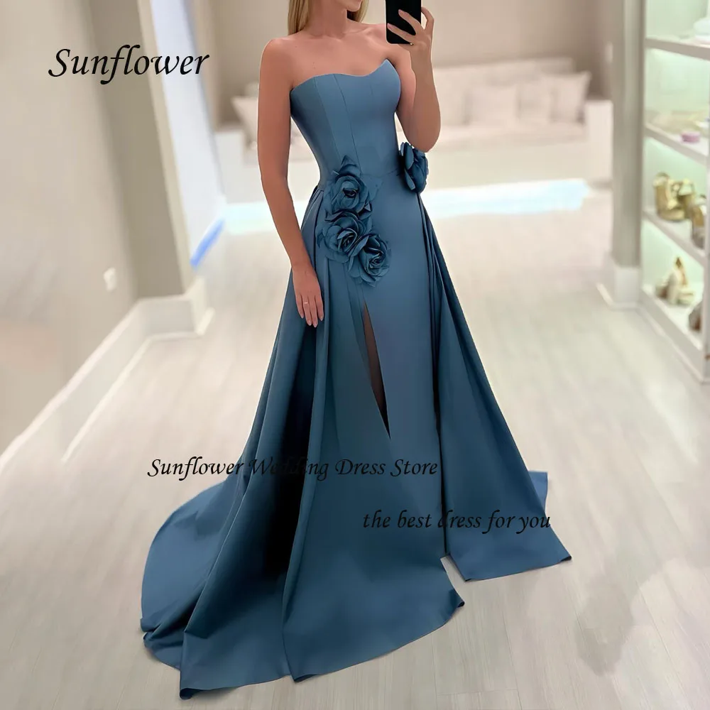 Sunflower Dark Blue Satin A-LINE Formal Evening Dress Sweetheart 3D Flowers Backless Floor-Length Prom Dress فساتين السهرة