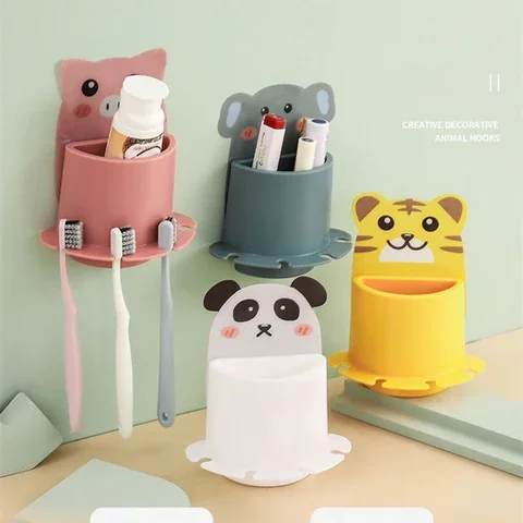 

1Pc Wall-Mounted Household Self-Adhesive Toothbrush Storage Rack Cartoon Animal Pattern Bathroom Waterproof And Convenient Hook