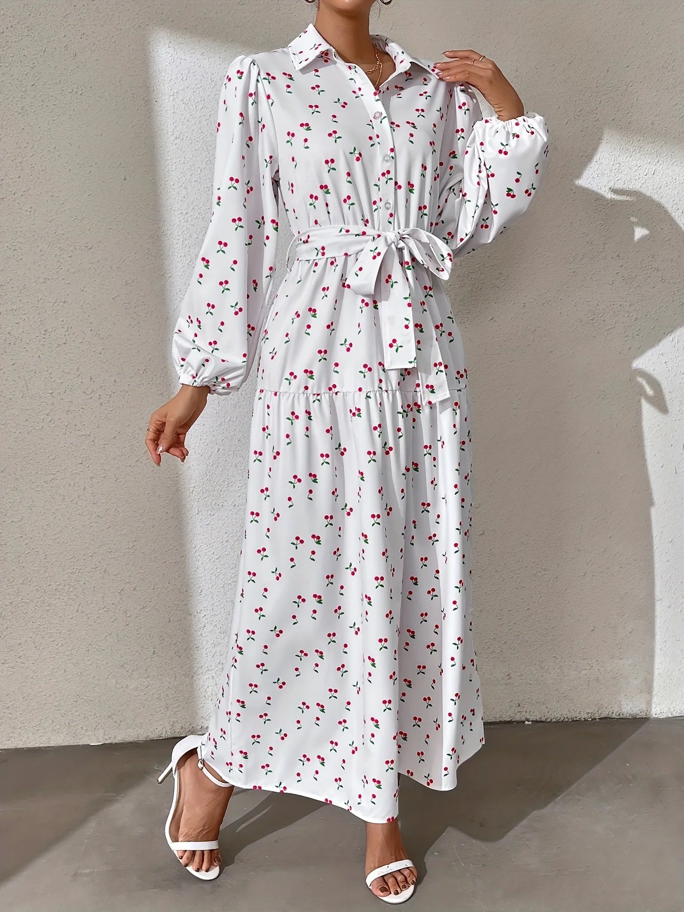 Ramadan Abaya Floral Print Button Front Dress, Casual Lantern Sleeve Dress For Spring & Fall, Women's Clothing Kebaya Kaftan