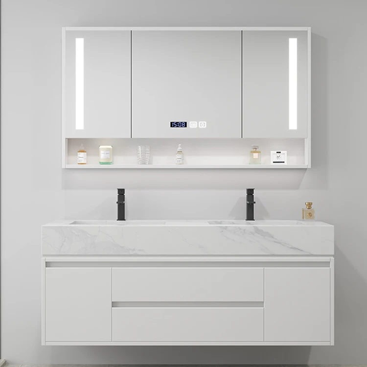 Waterproof Washroom Stainless Steel Wall-mounted Mirror Cabinet，Small Modern White Bathroom Storage Vanity Cabinets