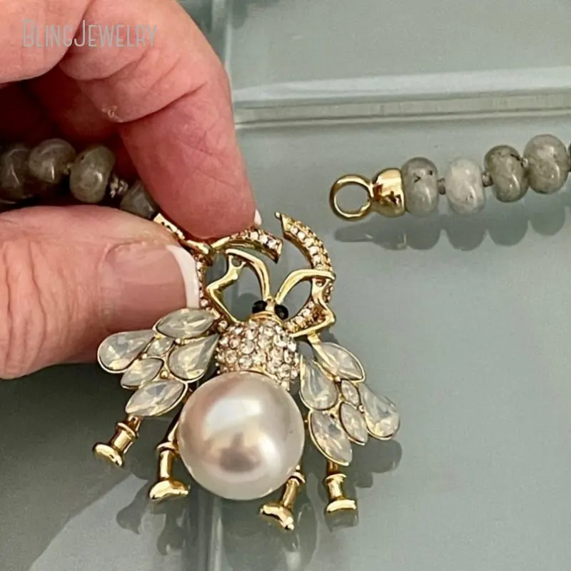 Hand Knotted Semi Precious Beads Labradorite Rondelle Necklace Micro Pave Clasp Cz Bee Pendant Choker Women Layered Jewelry