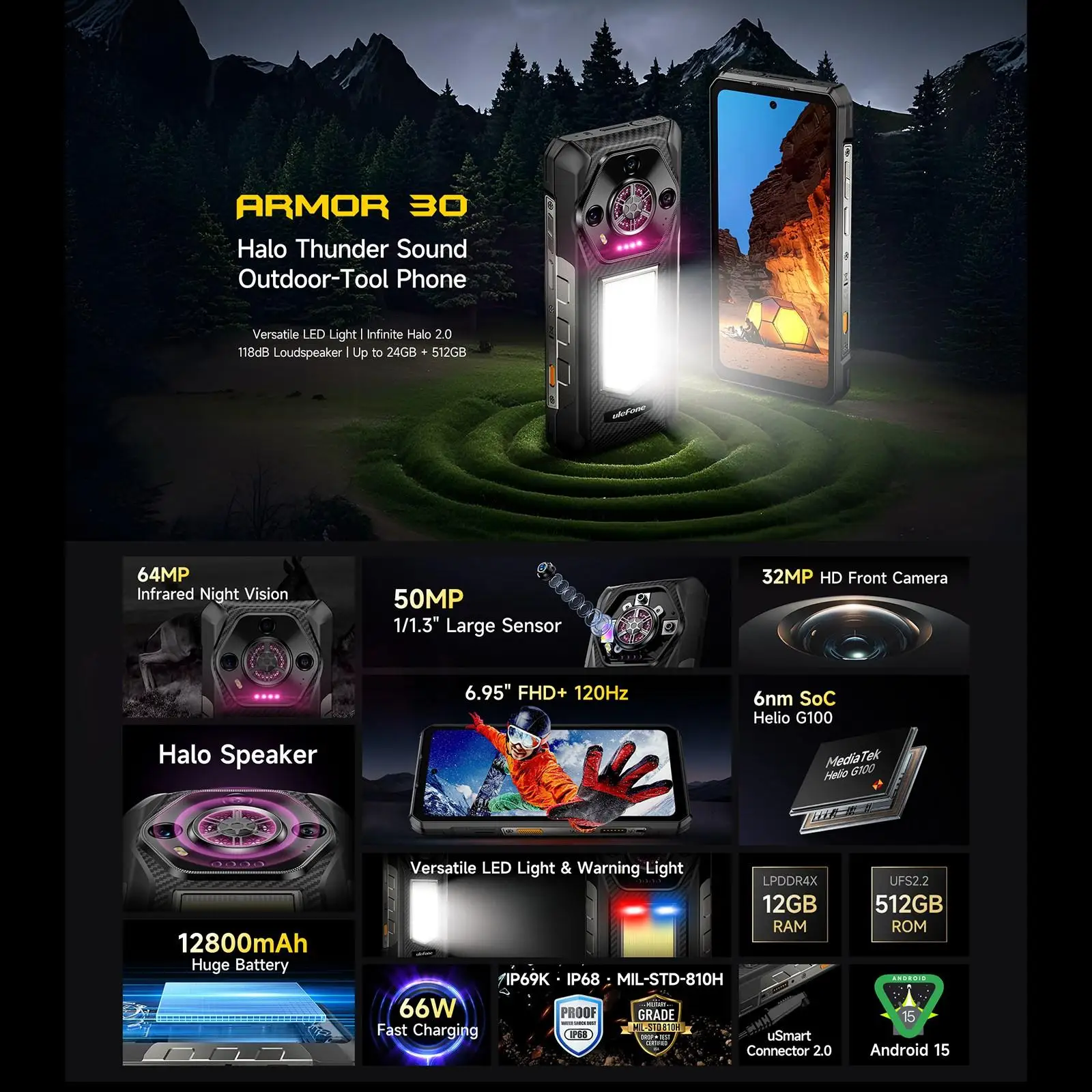 Ulefone Armor 30 Rugged Phone 12800mAh 66W 6.95" 120Hz 12GB+512GB 64MP Night Vision Camera Helio G100 Smartphone Android 15 NFC