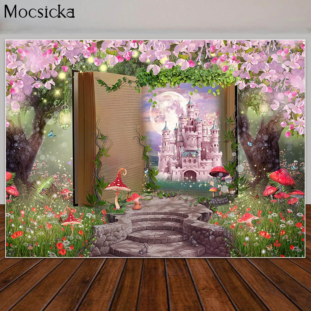 

Fairytale Magical Book Backdrop Enchanted Forest Mushroom Background Castle Flower Child Birthday Party Decor Photo Booth Props