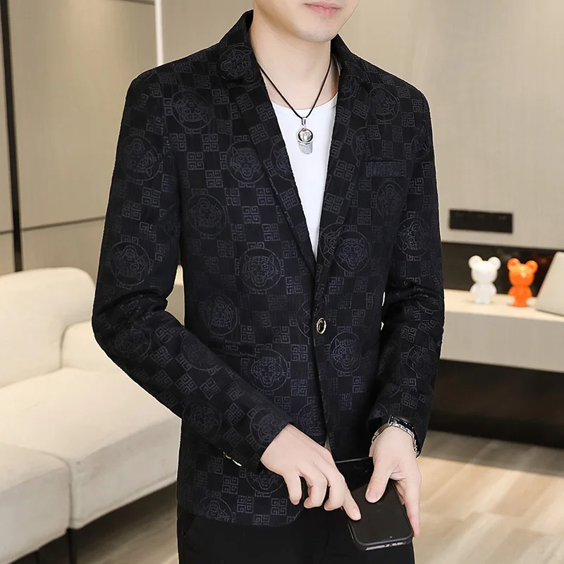 Luxury Retro Printed Men's Blazer Fashion Korean Slim Suit Jacket Social Casual Business Banquet Dress Coats Tops Men Clothing