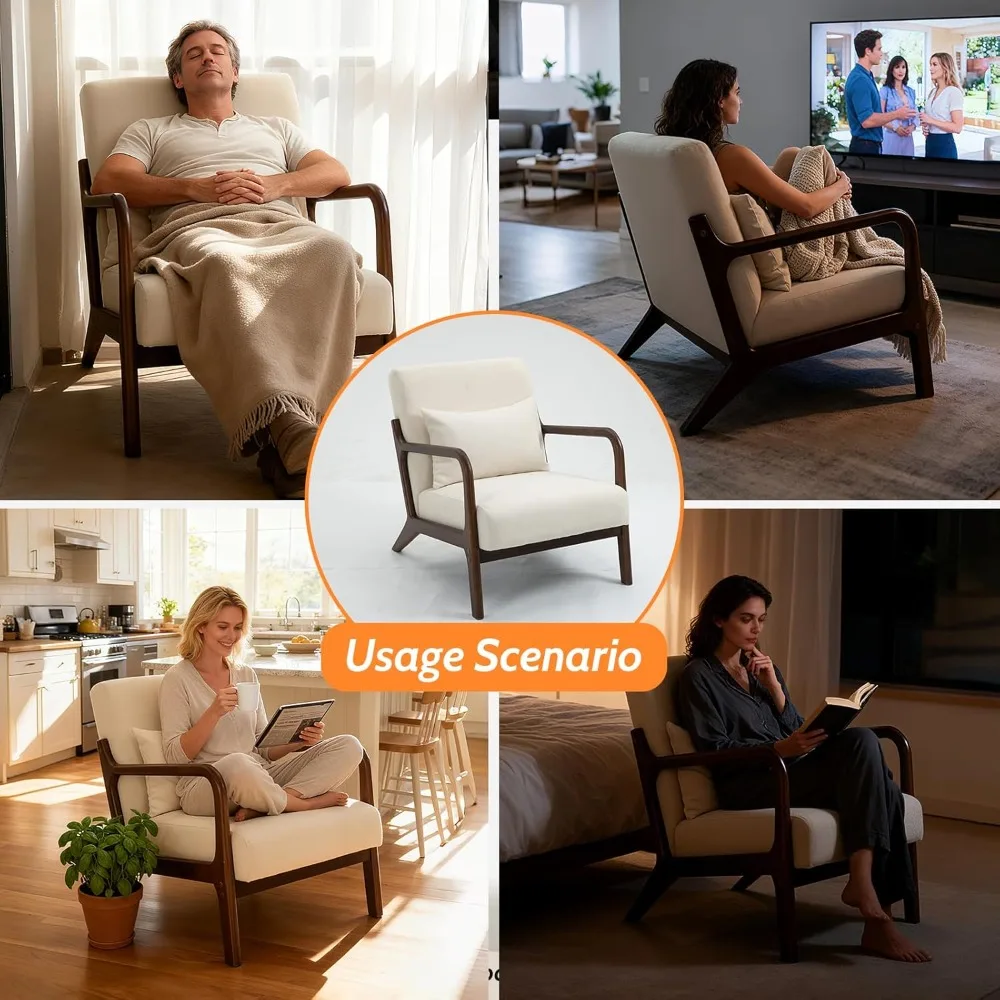 Modern Accent Chair, Cotton Linen Upholstered Lounge Armchair with Solid Wood Frame for Living Room