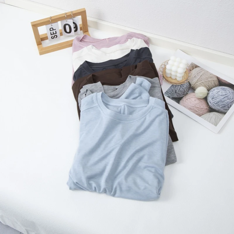 Silk Wool Splice Long Sleeve T-shirt Women Spring Summer Thin Soft Waxy Fit Solid Color Backing Top