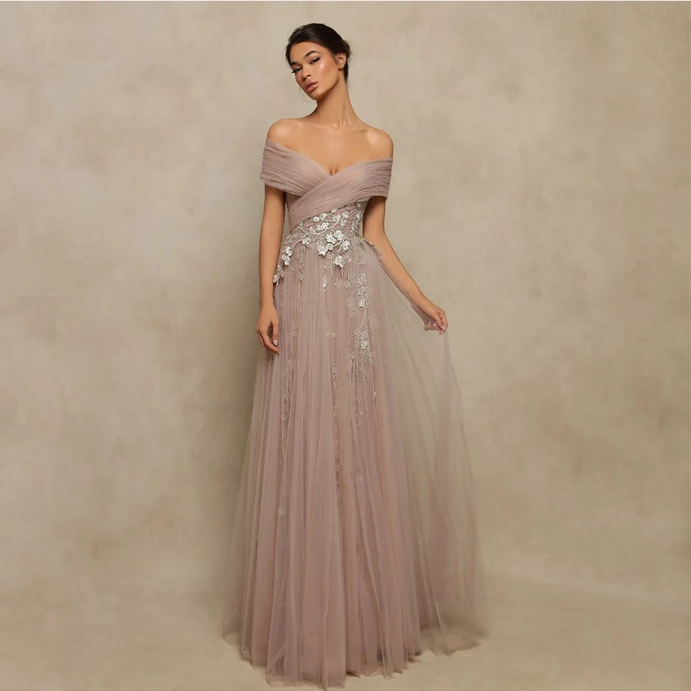 

V Neck A-Line Evening Dresses Tulle Backless Lace Mesh Off Shoulder Prom Gown Floor-Length Celebrity Banquet
