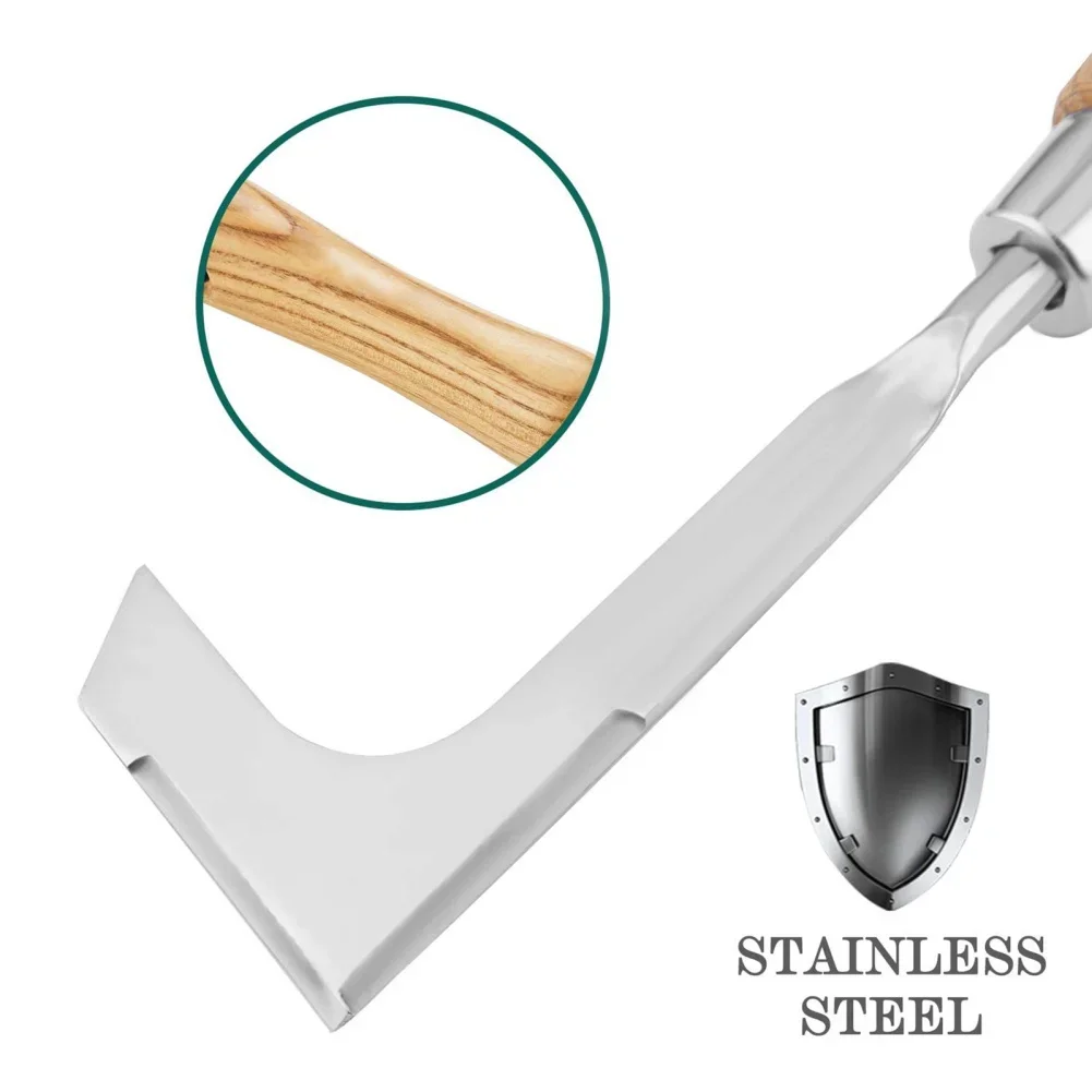 Wooden Handle Stainless Steel Manual Lawn Mower L-shaped Weeding Sickle for Garden Tool Lawn Patio Crevice Weeding Tool 2
