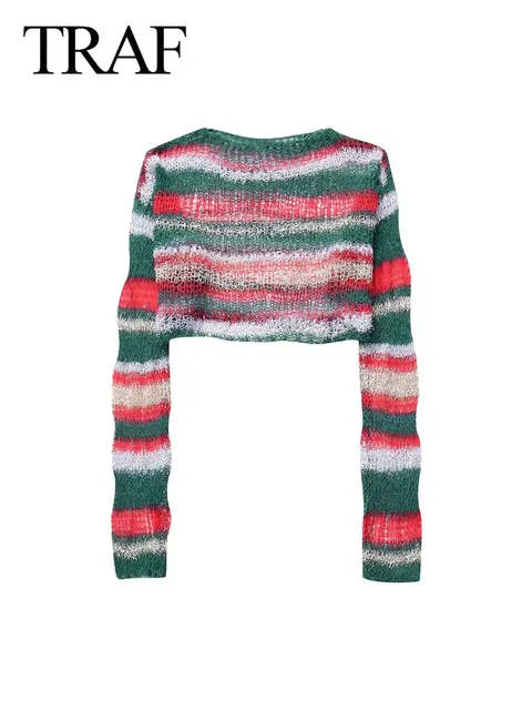 TRAF 2024 New Female Cropped Pullover All Matched Striped Round Neck Long Sleeves Spring Sweet Tops Versatile Y2K Casual Sweater 2
