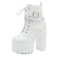 Gdgydh Women's Chain Decor Block Heeled Boots Fashion Lace Up Side Zipper Platform Boots Stylish Ankle Boots High Heels - Image 3