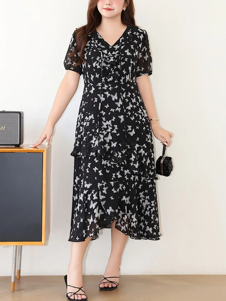 Plus Size Women's V-Neck Ruffle Butterfly Floral Tea Dress Premium Elegant Print Puff Sleeve A-Line Maxi Dress With Ruffled Hem
