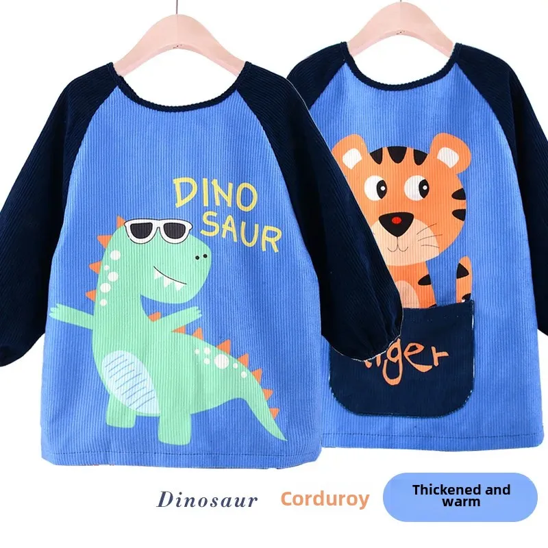 Children's Long Sleeve Apron Baby Cartoon Corduroy Feeding Smock Autumn Boys Toddler Dirt Resistant Drawstring Apron
