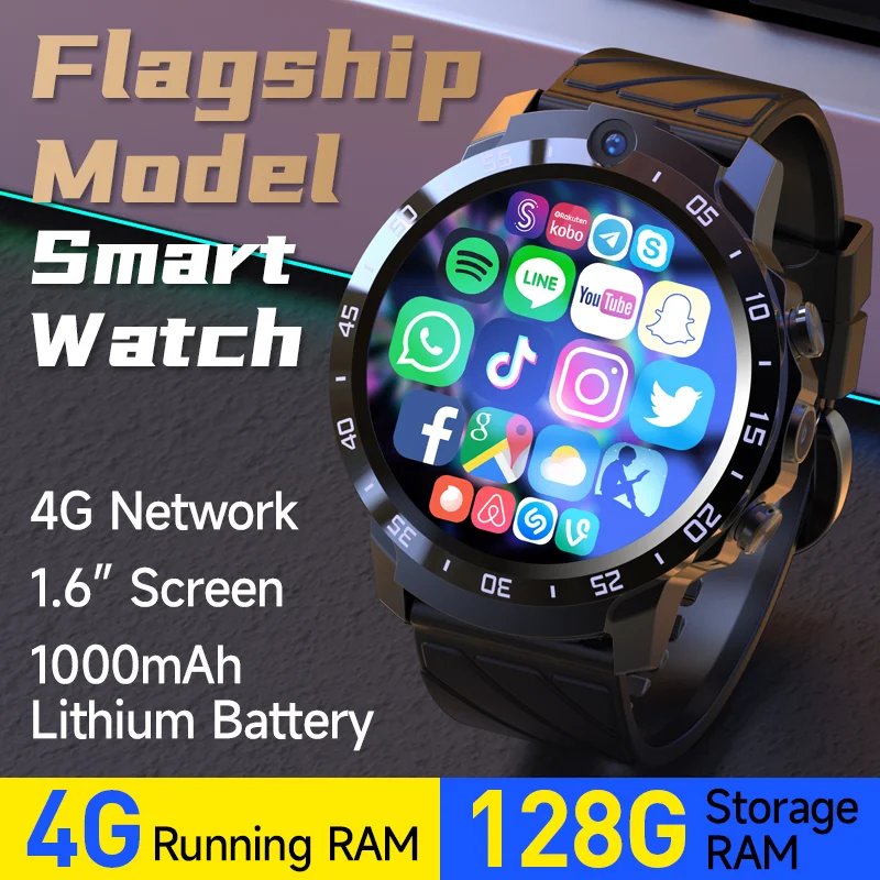 

4GB 128GB Smart Watch 4G LTE GPS 1.6Inch Dual HD Cameras Android 9.0 Sim Card Wi-Fi 1000mAh Men Smart watch For Line Youtube