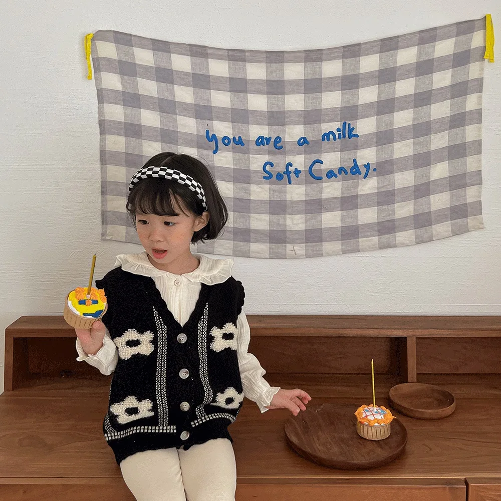 2022 Spring New Girls Knit Cardigan Vest Fashion Children Girls Flower Knitted Vest Jacket Kids Baby V-neck Sweater