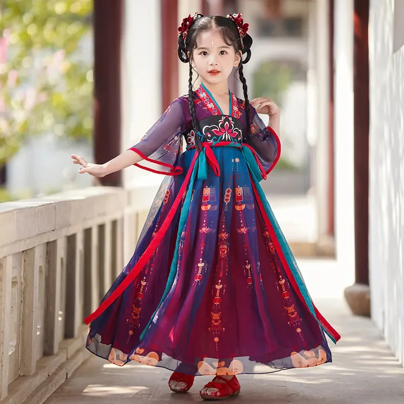 

Girls Hanfu Dress for Spring Summer 2024 New Kids Ancient Costume Fairy Children'S Embroidery Patchwork Tang Suit Ropa De Niña