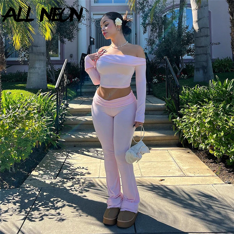 ALLNeon Pink Women Two Piece Sets Fairy Long Sleeve Off Shoulder Crop Tops Chic Pleat Long Flare Pants Y2K Casual Co Ord Suits