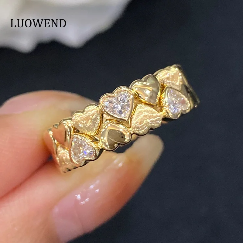 LUOWEND 18K Yellow Gold Rings Real Natural Diamond Romantic Three Diamond Heart Shape Wedding Rings for Women Engagement Party