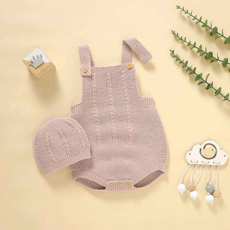 

Baby Bodysuits Knitted 2PC Newborn Girls Boys Jumpsuit Hat Sleeveless 0-18M Infant Kids Clothing Set Fashion Solid Tops Overalls