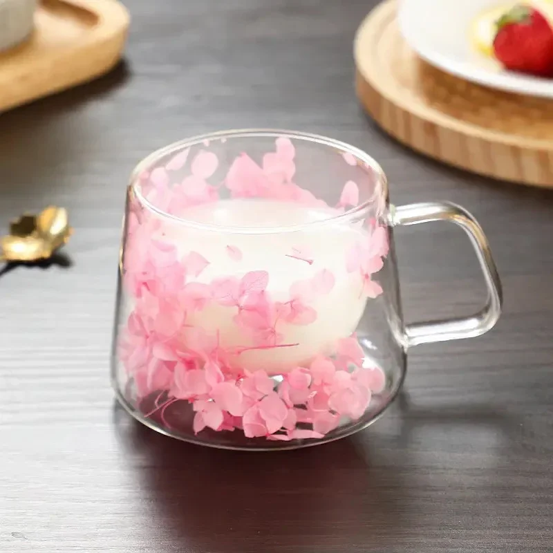 200ml Double Wall Clear Coffee Mug with Handles Glass Milk Cups Simulation Flower Teacup Elegant Gift Drinkware