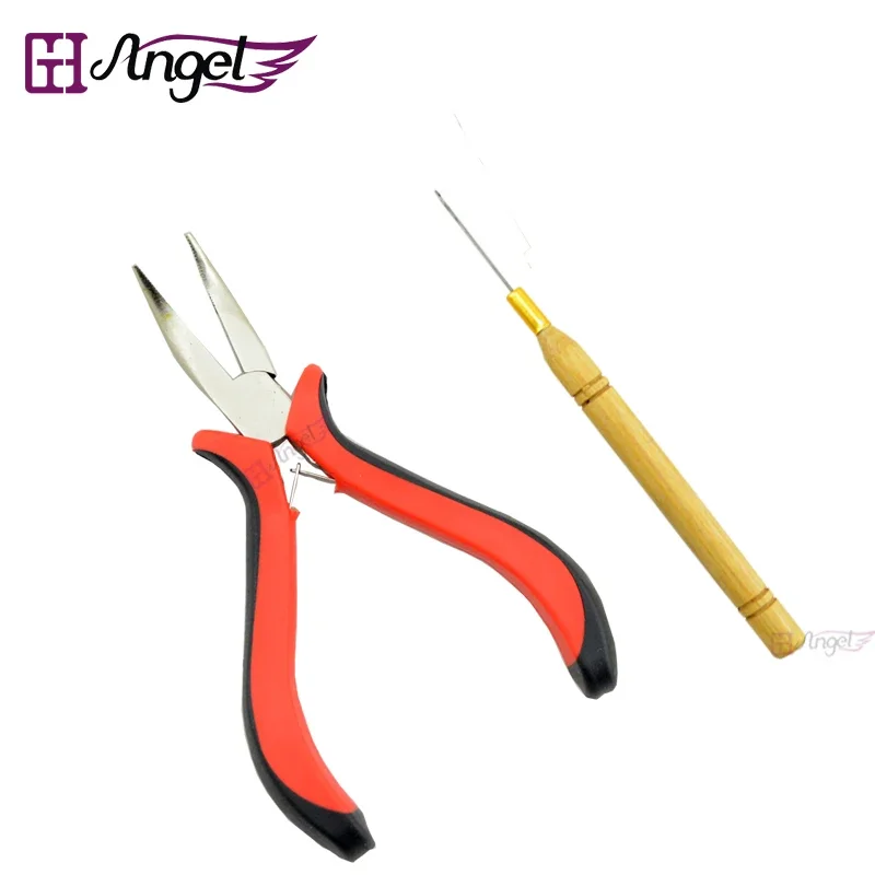 1pc Bend Tip Curly Plier+1pc Pulling Needle DIY press tongs for hair extension tool Micro Tubes Rings Crochet Hook