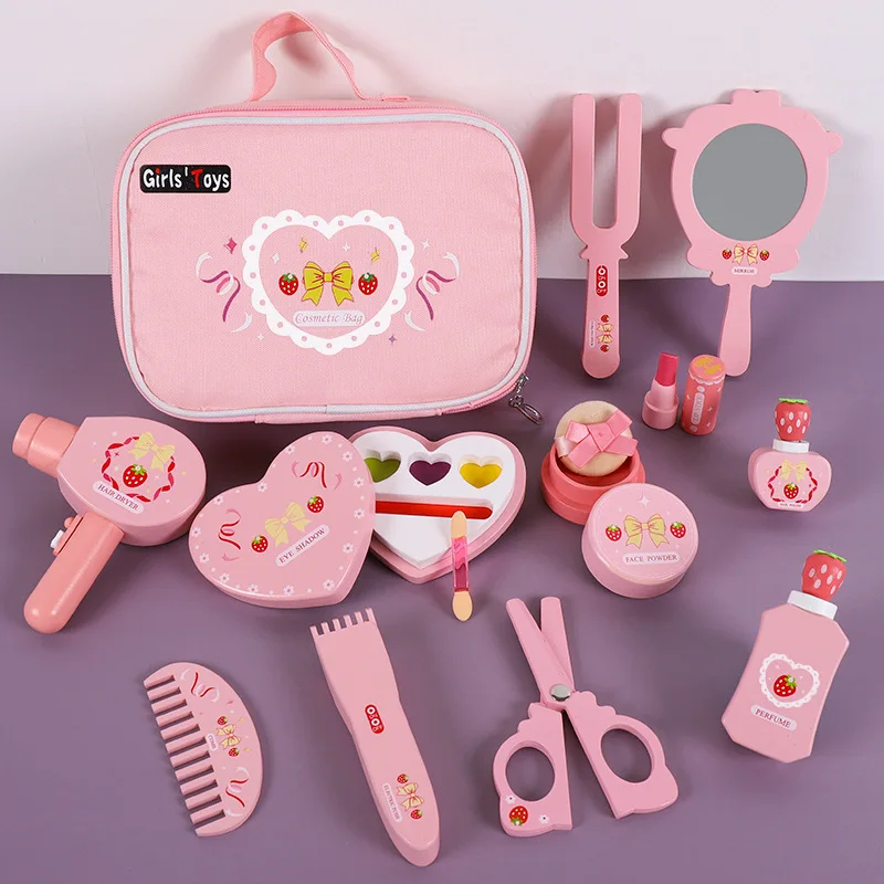 Children Wooden Play House Toys Pink Makeup Bag Simulation Girl Make Up Set Dressing Table Cosmetics Toys Birthday Gift