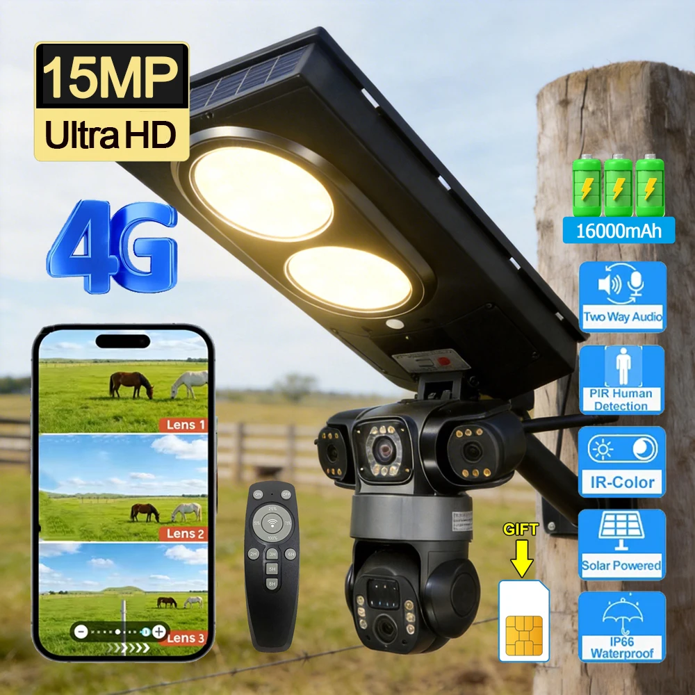 Solar Camera Sensor Streetlight LED 3 Light Modes Three Lens 4G 15MP ...