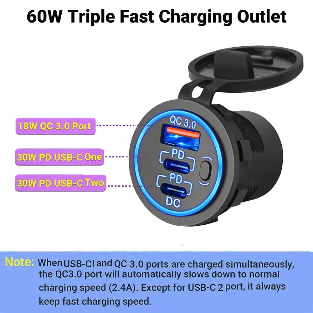 USB Car Charger Socket, 12V-24V USB C Fast Car Charger With Switch, QC3.0 USB Type C PD Port Adapter Outlet For Marine Boat Golf Cart RV Motorcycle Truck - View #11