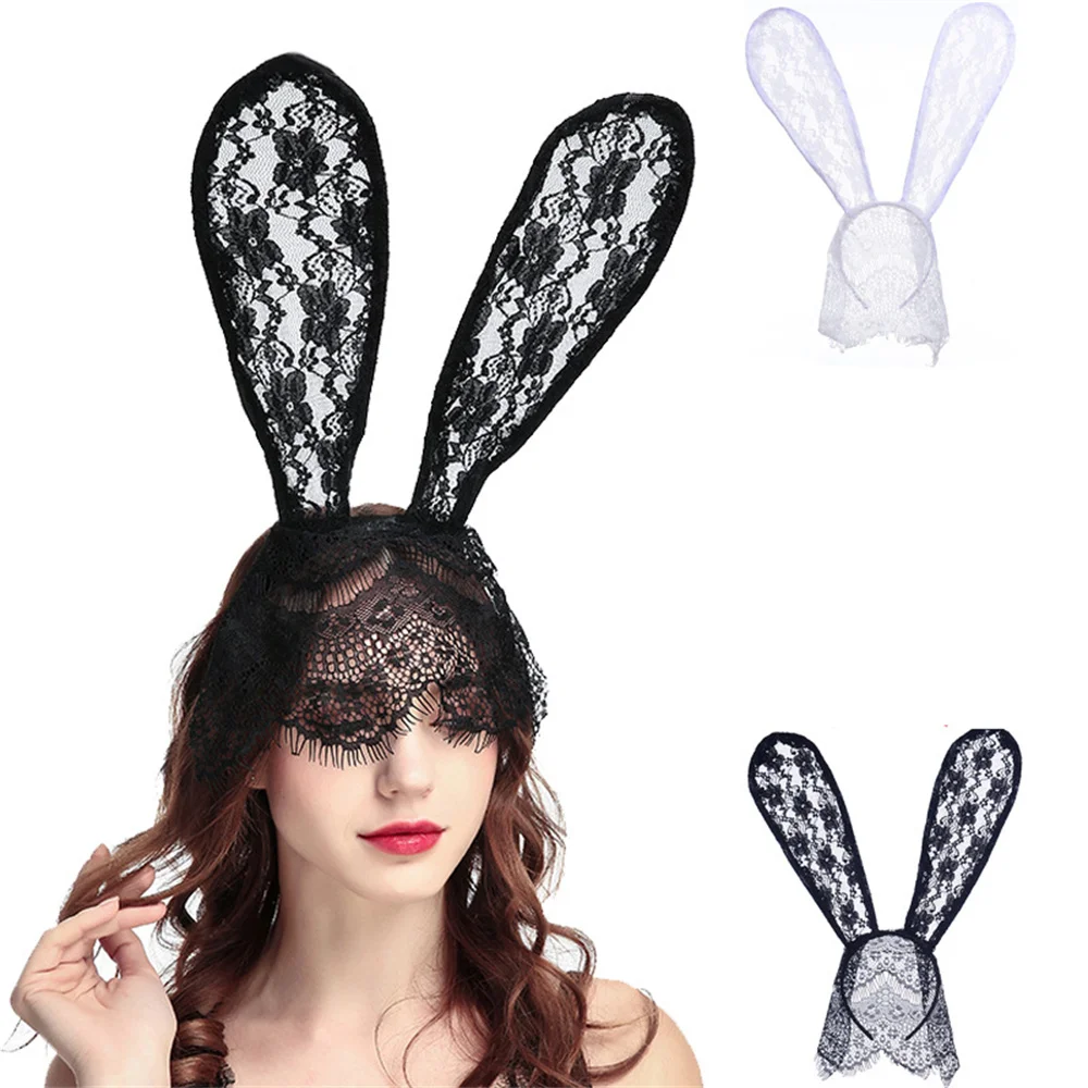 Women's Lace Rabbit Ears Hair Hoop Lace Eye Mystery Mask Nightclubs Masquerade Party Headwear 1pcs
