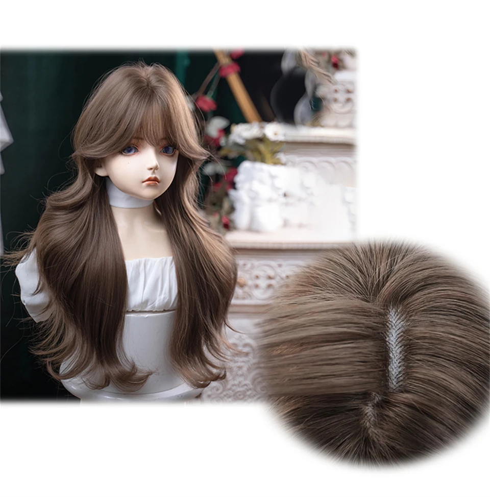 Brown Wavy Synthetic Hair Wig for Women with Bangs