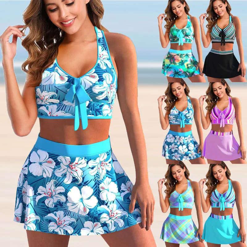 Womens Swimming Suit Halter Swimwear Two Pieces Bathing Suit Tankini Top Boyshorts S-5XL Rainbow Floral Dot Printed
