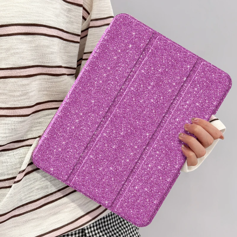 Sparkle Pink/Purple Foldable iPad Case with Pen Slot and Auto Wake/Sleep