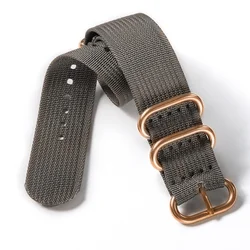 Nylon Ribbed Braid Watch Strap with Silver, Black, and Gold Ring Buckle - 22mm (Gray - Rose Gold)