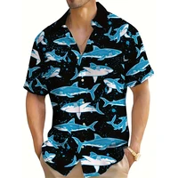 Summer Vacation Cartoon Shark Graphic Print Men's Short Sleeve Shirt Hawaiian Beach Party Wear Oversized Men's Shirt Style 1